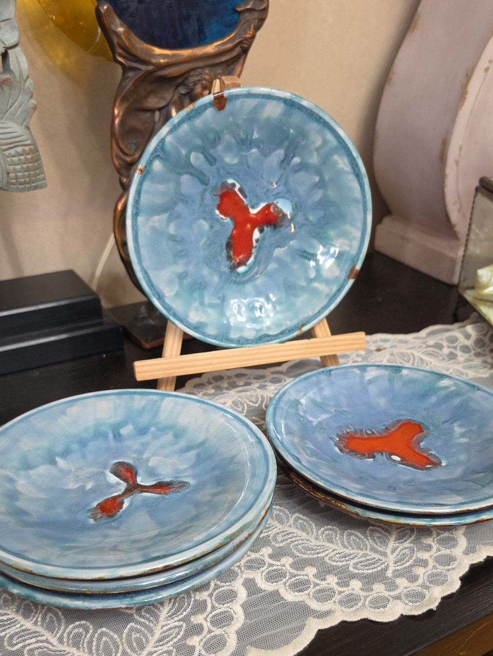 Stoneware Vallarius Style Handcrafted Blue Ceramic Dessert Plates Red Accent